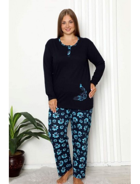 TMAVOMODRÉ KVAIITNÉ BAVLNENÉ DÁMSKE PYŽAMO PRE MOLETKY - PÁV - LA PENNA - XL/2XL/3XL