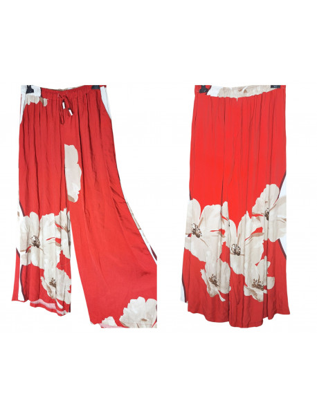 KVETINOVÉ ČERVENÉ LETNÉ  NOHAVICE s vreckami OVERSIZE -   MADE in ITALY