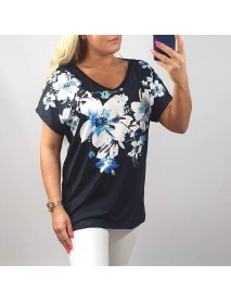 ESMIRA ČIERNA BLÚZKA - OVERSIZE -bielo/modré kvety