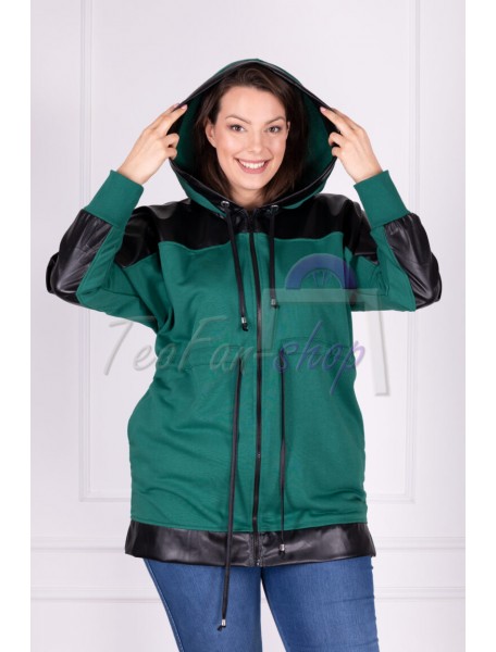  BAVLNENÁ - ELASTICKÁ MIKINA PRE MOLETKY   - ZELENÁ  - s ekokožou - 3XL