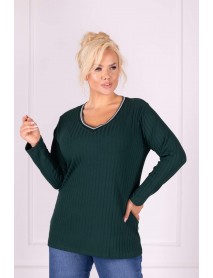 WOMANARY - TMAVOZELENÝ ELASTICKÝ teplejší  PULÓVER aj pre MOLETKY - s výstrihom do V - 2XL/3XL