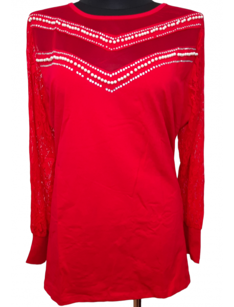 ČERVENÁ ELEGANTNÁ BLÚZKA PRE MOLETKY S PERLAMI - WOMANARY - 3XL