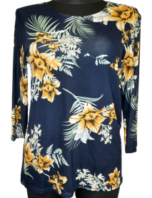 TMAVOMODRÁ ELASTICKÁ BLÚZKA dlhý rukáv - ŽLTÉ KVETY - L/2XL