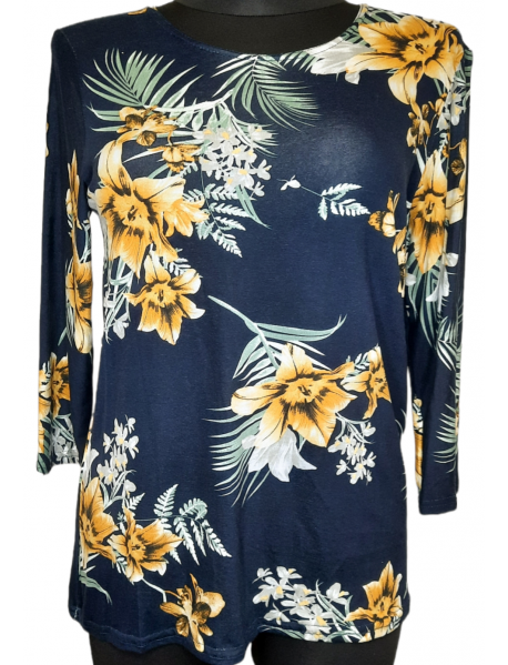 TMAVOMODRÁ ELASTICKÁ BLÚZKA dlhý rukáv - ŽLTÉ KVETY - L/2XL